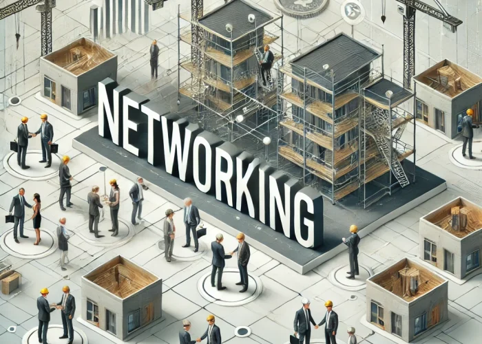 DALL·E 2025-04-30 22.37.24 - A modern professional illustration representing 'networking' in the context of industrialized construction and finance. In the center, the word 'Netwo